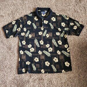 Big Dogs Hawaiian Style Polo Shirt Floral Black 90s 4XL